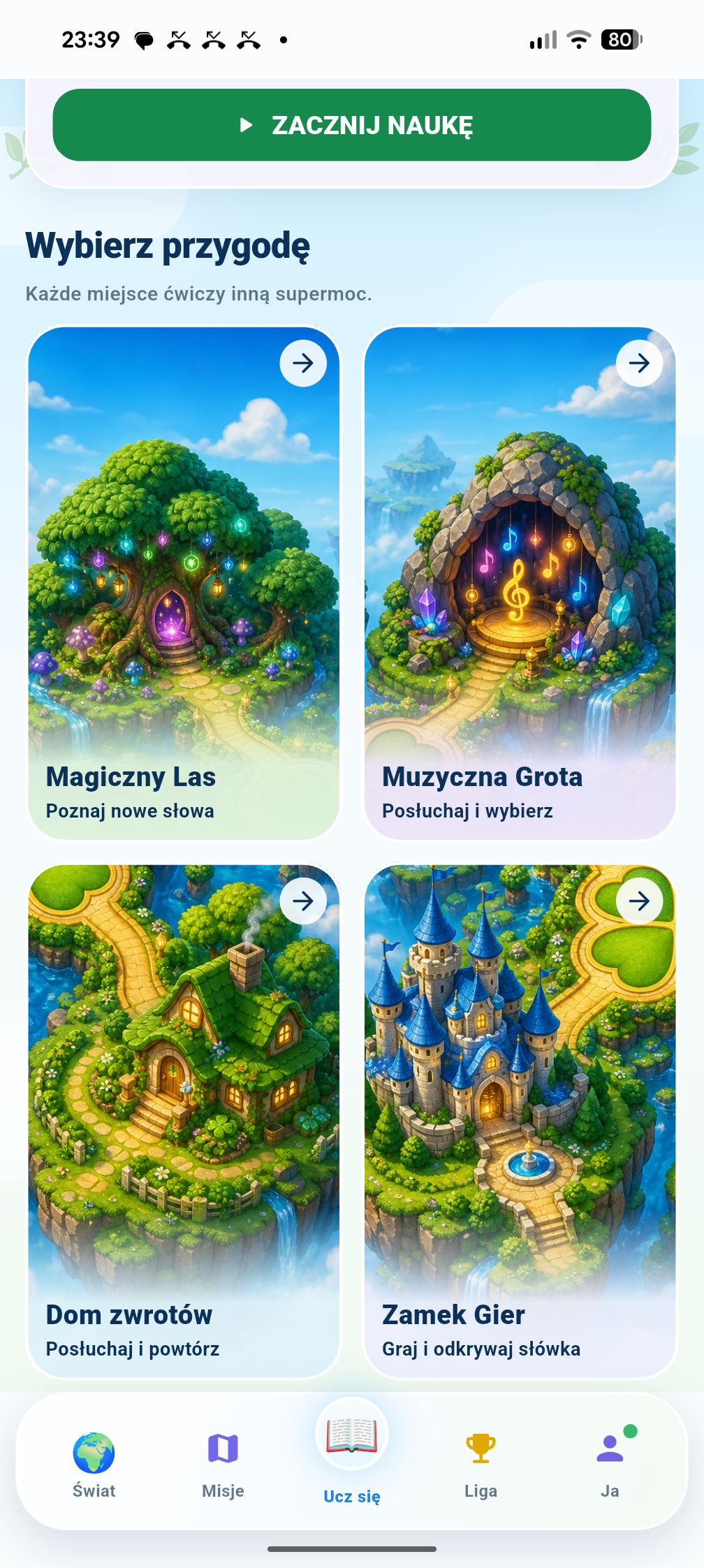 Aplikacja językowa — wybór przygody: Magiczny Las, Muzyczna Grota, Dom zwrotów, Zamek Gier