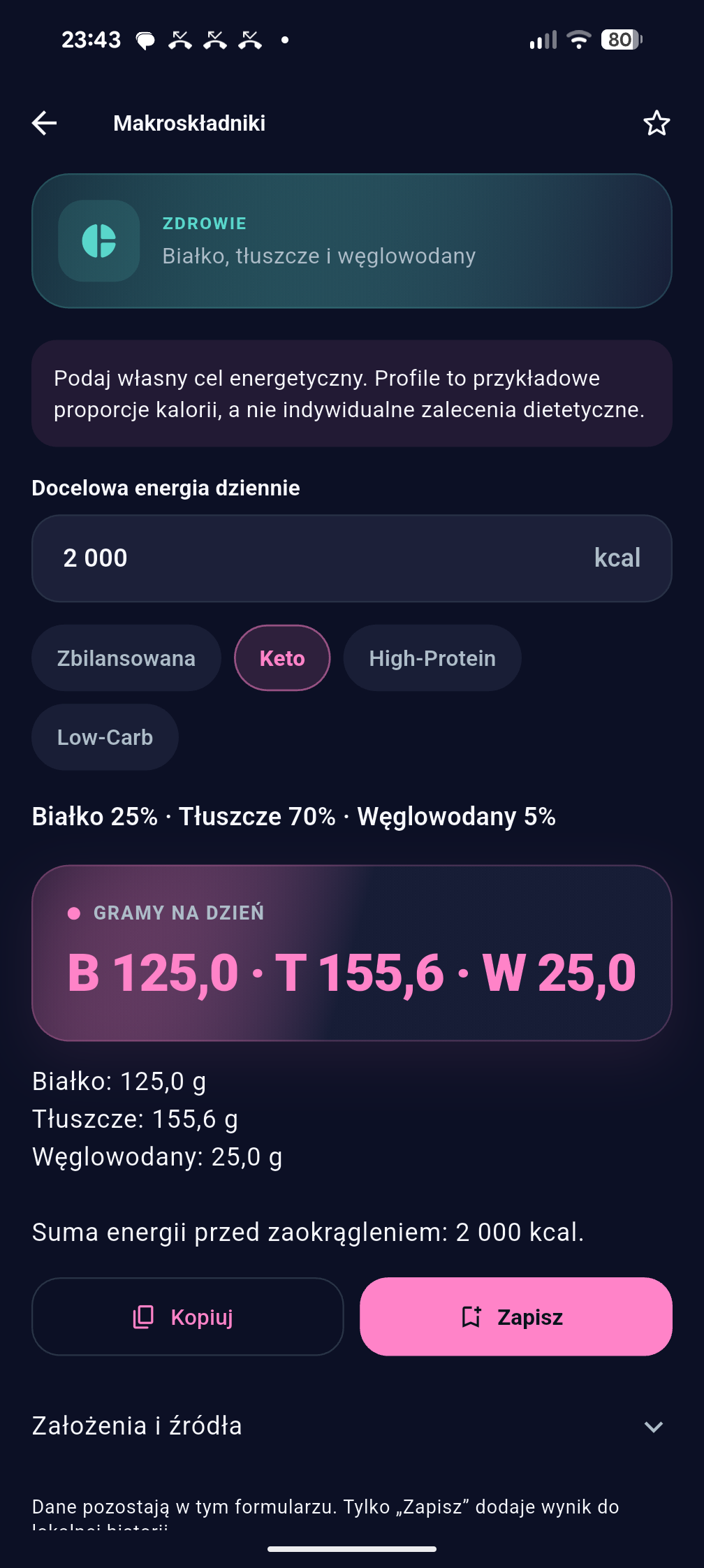 Procentownik — kalkulator makroskładników z profilem Keto i wynikiem w gramach