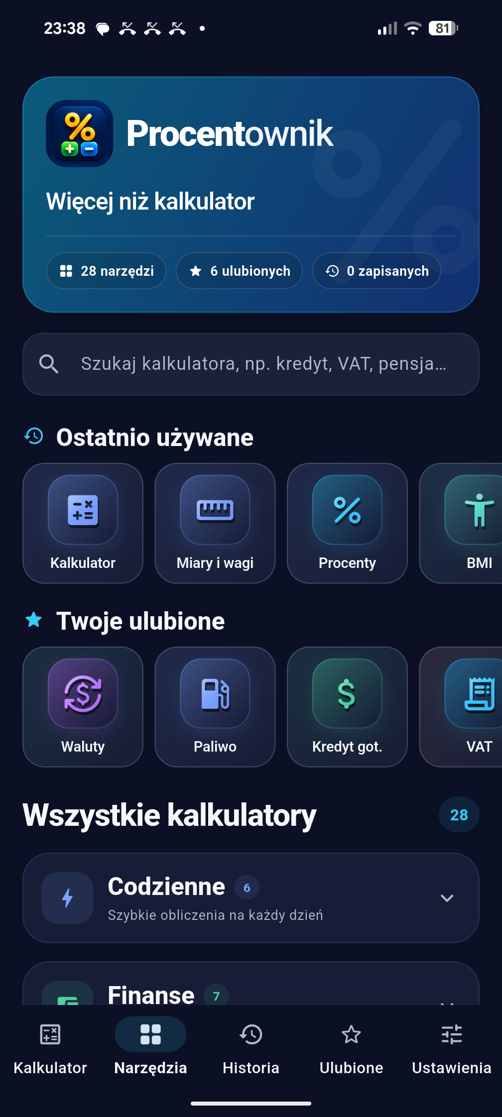 Procentownik — ekran wszystkich kalkulatorów z kategoriami
